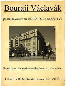Protest proti bourání domu na Václavském náměstí v památkové zóně UNESCO